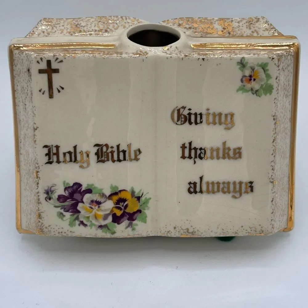 Hazlett 1962 Holy Bible Vase Religious Ceramic Gold Pansies Giving Thanks